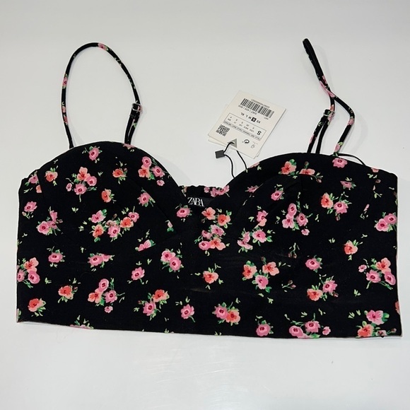 Zara Black Microflower Floral Strappy Crop Corset top size S - Picture 4 of 16